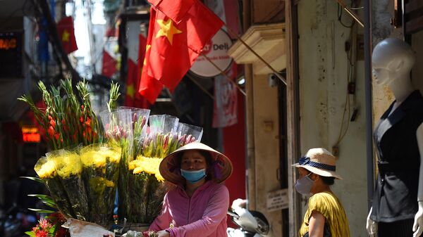 Уличная торговка проходит по аллее, украшенной вьетнамскими национальными флагами, в преддверии празднования Национального дня Вьетнама в Ханое - Sputnik Việt Nam