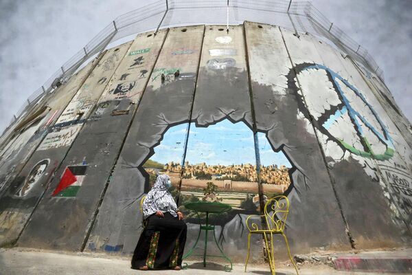 Người phụ nữ Palestine ngắm bức tranh vẽ trên bức tường giữa Jerusalem và Bờ Tây ở Bethlehem - Sputnik Việt Nam