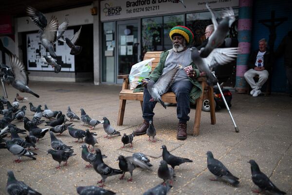 Người đàn ông cho chim bồ câu ăn ở trung tâm thành phố Bradford, Anh. - Sputnik Việt Nam