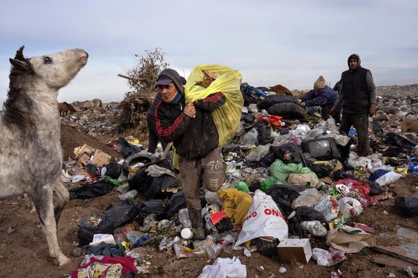Daniel Lagos vác phế liệu mà anh thu thập được từ bãi rác thành phố ở Santa Rosa, Argentina. - Sputnik Việt Nam