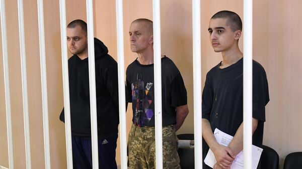 Công dân Anh Aiden Eslin, Sean Pinner và công dân Vương quốc Maroc Saadoun Brahim trong phòng xử án ở Donetsk - Sputnik Việt Nam