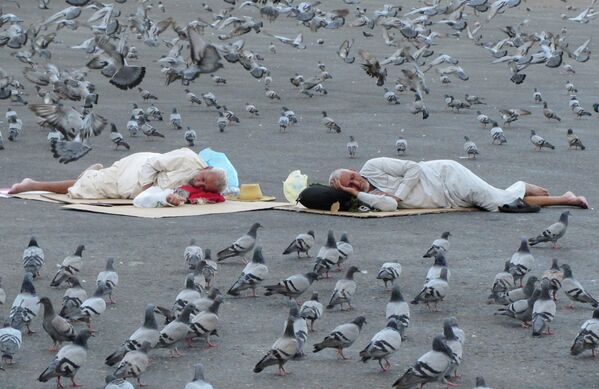Bồ câu vây quanh những người hành hương đang ngủ bên ngoài Nhà thờ Hồi giáo lớn ở thánh địa Mecca ở Ả Rập Xê Út. - Sputnik Việt Nam