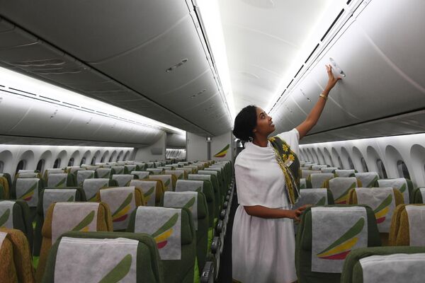 Một tiếp viên trên chiếc Boeing 787 Dreamliner của hãng hàng không Ethiopia tại Sân bay Domodedovo. - Sputnik Việt Nam