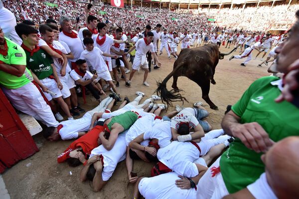 Một con bò tót nhảy qua người chạy khi tham gia cuộc đấu bò tại lễ hội San Fermin ở Pamplona, ​​miền bắc Tây Ban Nha. - Sputnik Việt Nam