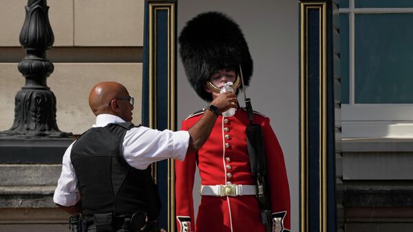 Người trực cho cảnh sát uống nước ở bên ngoài Cung điện Buckingham trong thời tiết nắng nóng ở London. - Sputnik Việt Nam