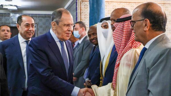 Ngoại trưởng Nga Sergei Lavrov (bên trái) trước cuộc gặp với đại diện các nước thành viên Liên đoàn các quốc gia Ả Rập (LAS) tại trụ sở của Liên đoàn. - Sputnik Việt Nam