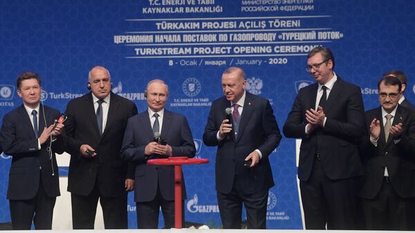 Tổng thống Nga Vladimir Putin và Tổng thống Thổ Nhĩ Kỳ Recep Tayyip Erdogan tại lễ khai trương chính thức đường ống dẫn khí đốt Dòng chảy Thổ Nhĩ Kỳ ở Istanbul - Sputnik Việt Nam