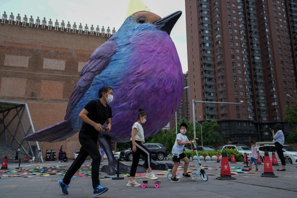 Người dân đeo khẩu trang đi ngang qua con chim khổng lồ được trưng bày bên ngoài phòng trưng bày nghệ thuật ở Bắc Kinh. - Sputnik Việt Nam