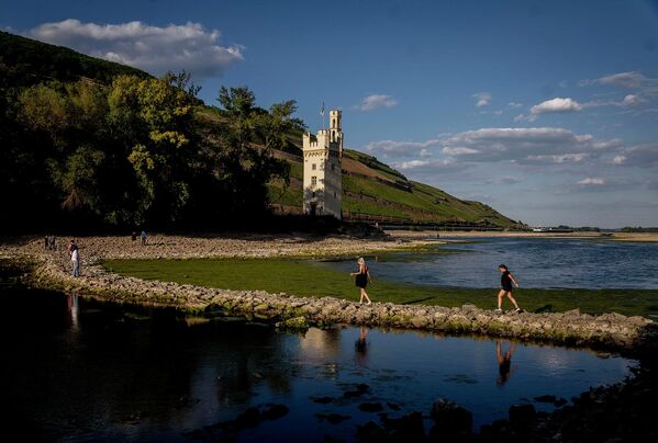 Người đi bộ dọc theo con đập đá, thường được bao phủ bởi nước, đến &quot;Maeuseturm&quot; (tháp chuột) ở giữa sông Rhine, Bingen, Đức. - Sputnik Việt Nam