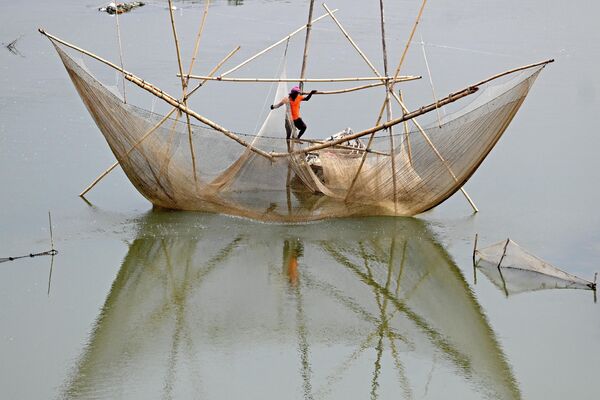 Một ngư dân trên lưới đánh cá ở vùng nước sông Yamuna ở New Delhi.. - Sputnik Việt Nam