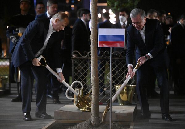 Ngày 15 tháng 9 năm 2022. Tổng thống Nga Vladimir Putin và Tổng thống Uzbekistan Shavkat Mirziyoyev tại lễ trồng cây của trưởng đoàn các nước tham gia Tổ chức Hợp tác Thượng Hải (SCO) ở Samarkand. - Sputnik Việt Nam