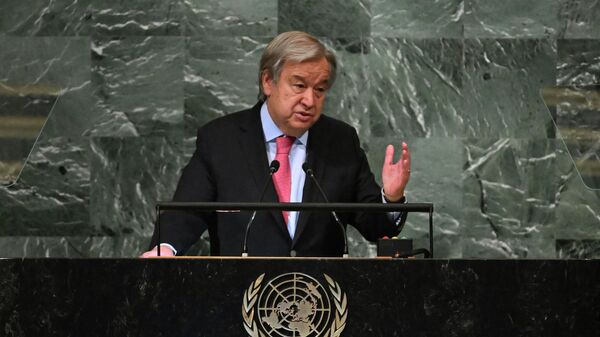 Tổng thư ký LHQ António Guterres phát biểu tại phiên họp thứ 77 của Đại hội đồng LHQ tại Trụ sở LHQ ở New York - Sputnik Việt Nam