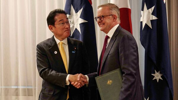 Thủ tướng Australia Anthony Albanese bắt tay Thủ tướng Nhật Bản Fumio Kishida trong cuộc họp báo trong khuôn khổ cuộc gặp của họ ở Perth - Sputnik Việt Nam