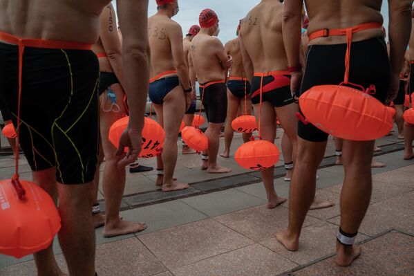 Vận động viên bơi lội trước khi xuất phát tại cuộc đua thường niên ở bến cảng Victoria ở Hồng Kông. - Sputnik Việt Nam