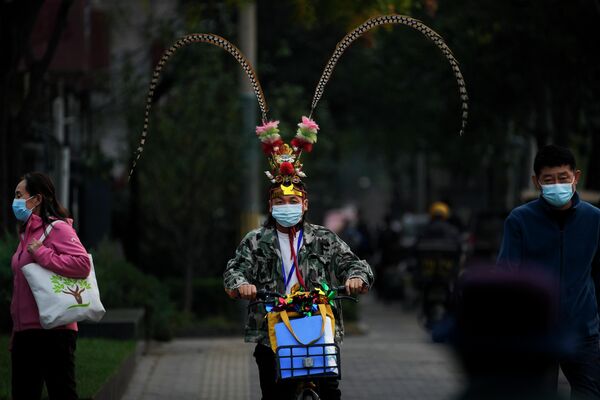 Người đàn ông đội mũ Vua khỉ trên đường phố ở Bắc Kinh, Trung Quốc - Sputnik Việt Nam