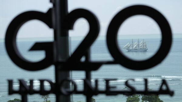 Một con tàu phía trước logo của hội nghị thượng đỉnh G20 ở Nusa Dua, Bali. - Sputnik Việt Nam