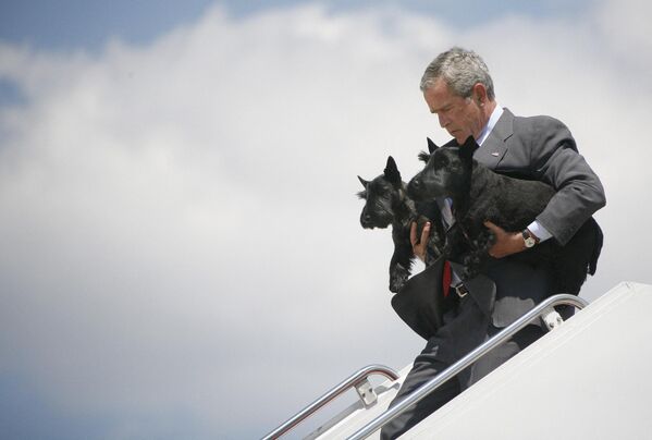 Tổng thống Mỹ George W. Bush rời máy bay Air Force One mang theo vật nuôi của gia đình Barney và Beasley, Maryland, Hoa Kỳ, 2006. - Sputnik Việt Nam