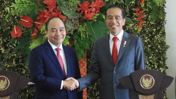 Chủ tịch nước Nguyễn Xuân Phúc và Tổng thống Indonesia Joko Widodo gặp gỡ báo chí. - Sputnik Việt Nam