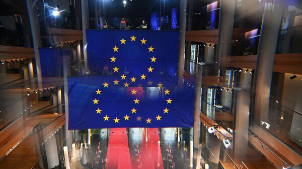 Những lá cờ có biểu tượng của Liên minh Châu Âu trong tòa nhà Nghị viện Châu Âu ở Strasbourg - Sputnik Việt Nam