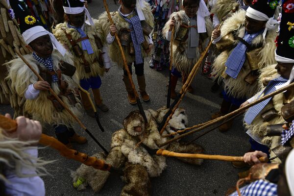 Những người đàn ông mặc trang phục da cừu và rung chuông trong màn biểu diễn tượng trưng cho cái chết của con gấu trong lễ hội La Vijanera, Tây Ban Nha. - Sputnik Việt Nam
