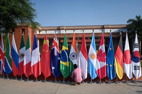 Cờ của các nước tham dự Hội nghị Bộ trưởng Ngoại giao G20 ở New Delhi, Ấn Độ. - Sputnik Việt Nam