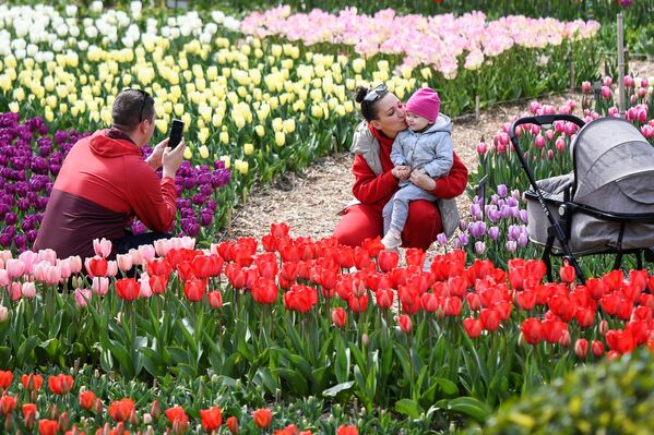 Du khách tạo dáng chụp ảnh tại lễ khai mạc cuộc triển lãm Diễu hành hoa Tulip hàng năm tại Vườn bách thảo Nikitsky ở Crưm. - Sputnik Việt Nam