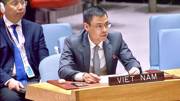 Đại sứ Đặng Hoàng Giang, Trưởng đại diện thường trực Việt Nam tại Liên hợp quốc (LHQ) phát biểu tại Phiên thảo luận cấp Bộ trưởng của Hội đồng Bảo an LHQ tại New York, ngày 24/4. - Sputnik Việt Nam