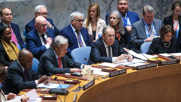 Ngoại trưởng Nga Sergei Lavrov và Tổng thư ký Liên hợp quốc (LHQ) António Guterres tại cuộc họp của Hội đồng Bảo an LHQ ở New York. - Sputnik Việt Nam