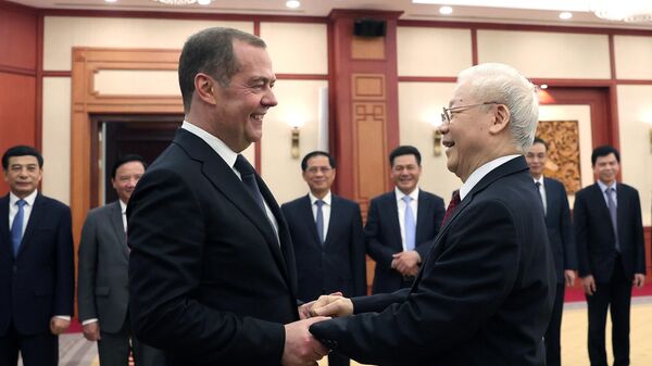 Tổng Bí thư Nguyễn Phú Trọng hội đàm với Chủ tịch Đảng Nước Nga Thống nhất Dmitry Medvedev - Sputnik Việt Nam
