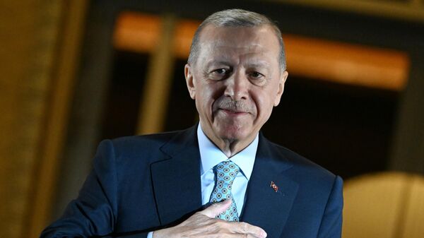 Đương kim Tổng thống Thổ Nhĩ Kỳ Recep Tayyip Erdogan nói chuyện với những người ủng hộ tại quảng trường bên ngoài Dinh Tổng thống ở Ankara. - Sputnik Việt Nam