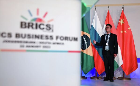 Thành viên tham gia diễn đàn doanh nghiệp chụp ảnh gần cờ của các nước BRICS ở Johannesburg - Sputnik Việt Nam