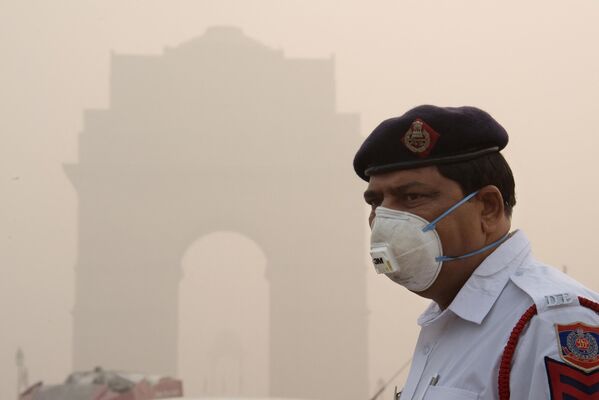 Cảnh sát Ấn Độ đeo khẩu trang bảo hộ làm việc trong sương mù dày đặc ở New Delhi. - Sputnik Việt Nam