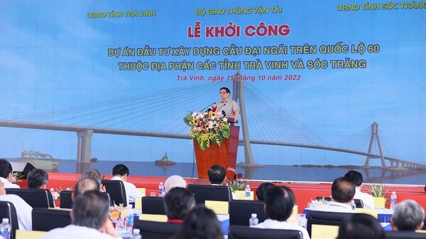 Thủ tướng Phạm Minh Chính phát biểu tại Lễ khởi công Dự án đầu tư xây dựng cầu Đại Ngãi. - Sputnik Việt Nam
