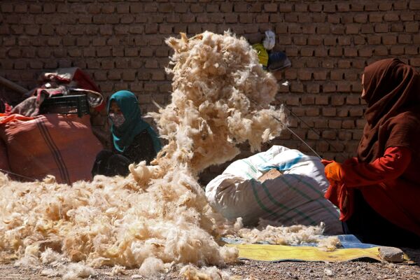 Phụ nữ Afghanistan làm sạch len bằng đũa trong một nhà máy ở Afghanistan - Sputnik Việt Nam