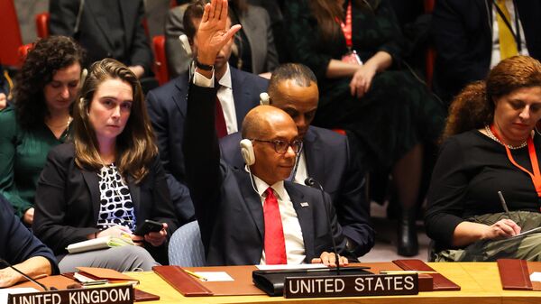 Đại sứ Hoa Kỳ, Phó đại diện Hoa Kỳ về các vấn đề chính trị đặc biệt tại Liên Hợp Quốc Robert A. Wood giơ tay lên trong cuộc họp của Hội đồng Bảo an Liên Hợp Quốc về Gaza - Sputnik Việt Nam