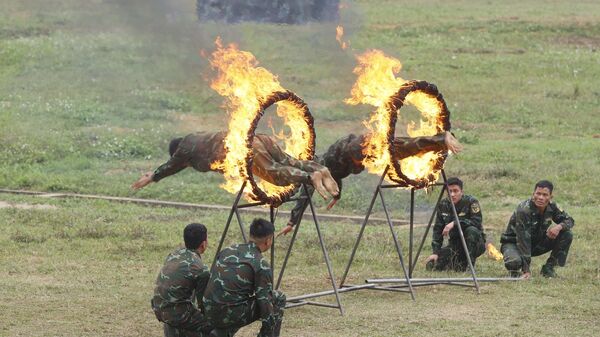 Bộ đội đặc công trình diễn các kỹ thuật huấn luyện và chiến đấu tại thao trường. - Sputnik Việt Nam