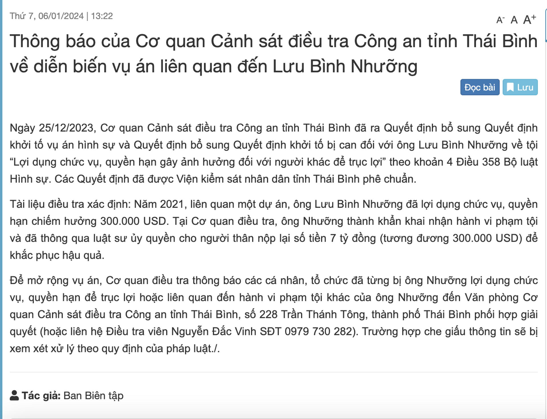 Thông báo của Cơ quan Cảnh sát điều tra Công an tỉnh Thái Bình về diễn biến vụ án liên quan đến Lưu Bình Nhưỡng - Sputnik Việt Nam, 1920, 06.01.2024