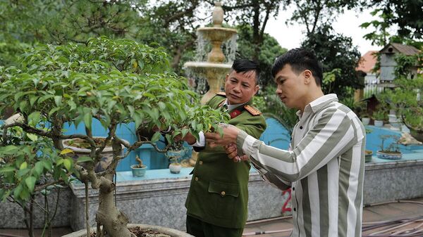 Khá làm việc cắt tỉa cây cảnh dưới sự giám sát của quản giáo - Sputnik Việt Nam