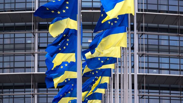 Cờ Liên minh châu Âu và Ukraina tung bay bên ngoài Nghị viện châu Âu ở Strasbourg, miền đông nước Pháp - Sputnik Việt Nam