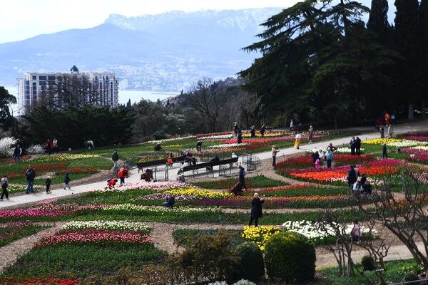Người dân trong Vườn Bách thảo Nikitsky ở Yalta, nơi diễn ra Cuộc diễu hành hoa Tulip lần thứ 17 - Sputnik Việt Nam