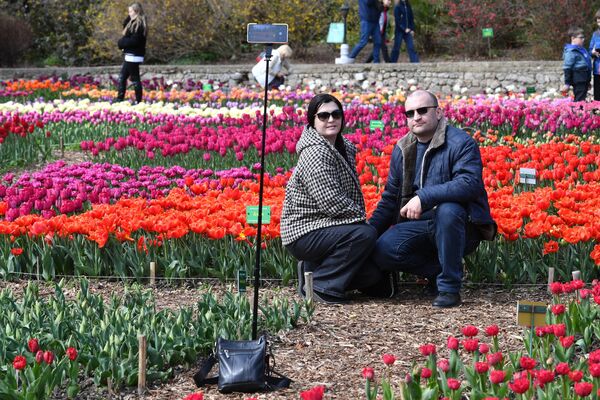 Một người đàn ông và một phụ nữ chụp ảnh tại Vườn Bách thảo Nikitsky ở Yalta, nơi diễn ra Cuộc diễu hành hoa Tulip lần thứ 17 - Sputnik Việt Nam