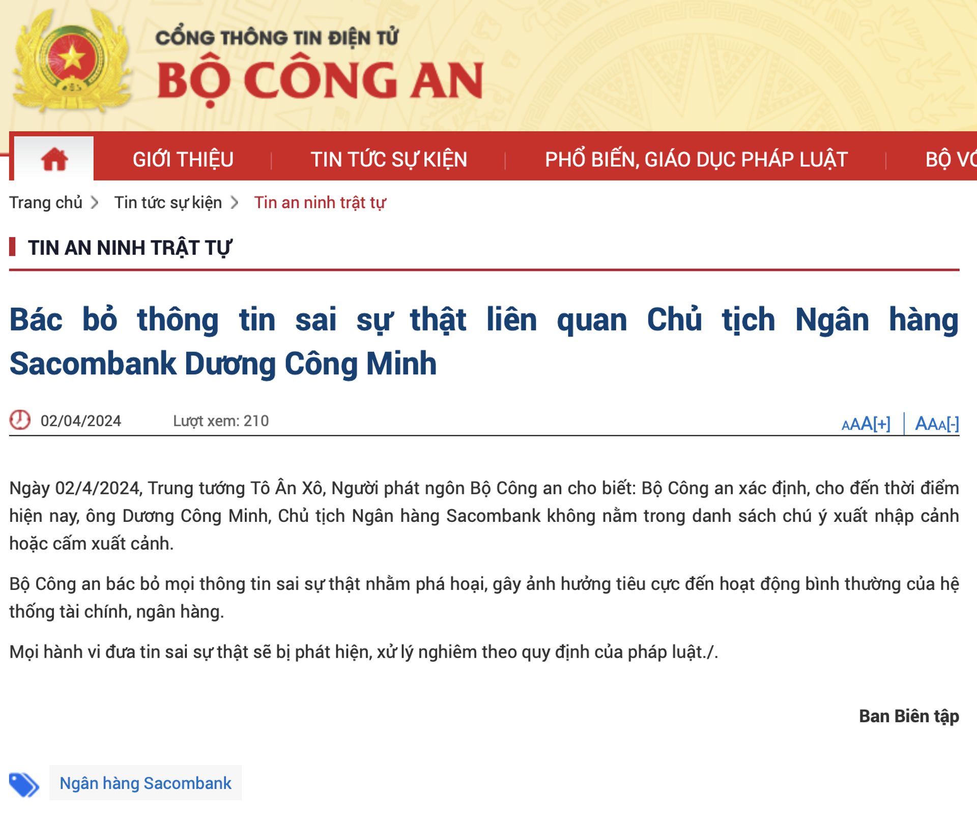 Bộ Công an: Chủ tịch Sacombank Dương Công Minh không bị cấm xuất cảnh - Sputnik Việt Nam, 1920, 02.04.2024