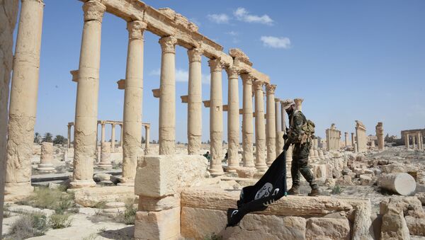 Chiến sĩ đội dân quân “Chim ưng sa mạc” với lá cờ Daesh ở phần lịch sử của Palmyra - Sputnik Việt Nam
