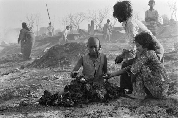 Các nạn nhân một vụ pháo kích lượm những con vịt bị thui cháy, Cần Thơ, Việt Nam, ngày 14 tháng 2 năm 1974 - Sputnik Việt Nam