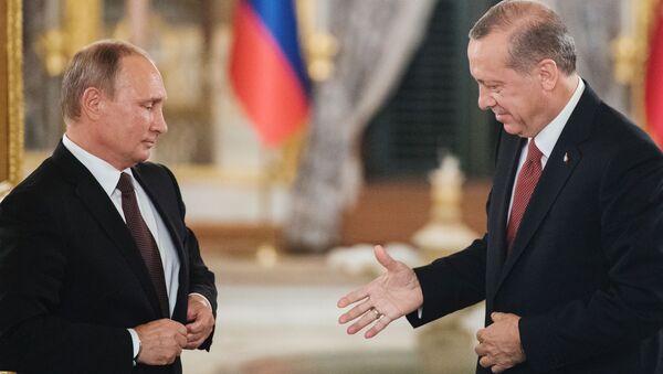 Tổng thống Nga Vladimir Putin và người đồng cấp Thổ Nhĩ Kỳ Recep Tayyip Erdogan (phải) trong cuộc gặp tại Istanbul. - Sputnik Việt Nam