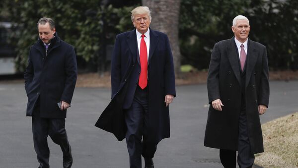 President Donald Trump, Vice President Mike Pence, right, and White House Chief of Staff Reince Priebus, left, walk together on the South Lawn of the White House in Washington to greet Harley Davidson Harley Davidson executives and union representatives - Sputnik Việt Nam