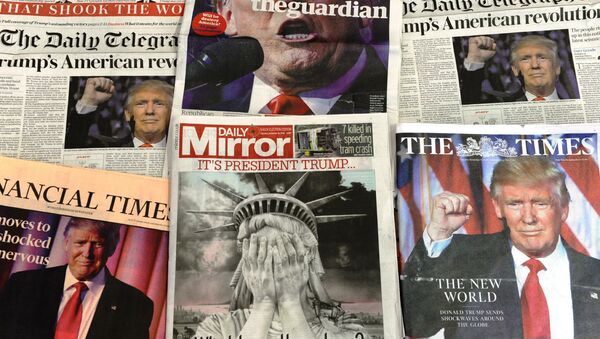 A selection of the front pages of the British national newspapers showing the reaction following Donald Trump's shock US presidential victory in London on November 10, 2016. - Sputnik Việt Nam