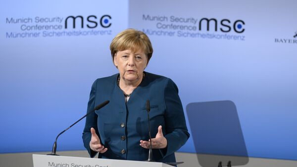 German Chancellor Angela Merkel delivers a speech on the 2nd day of the 53rd Munich Security Conference (MCS) in Munich, southern Germany, on February 18, 2017 - Sputnik Việt Nam