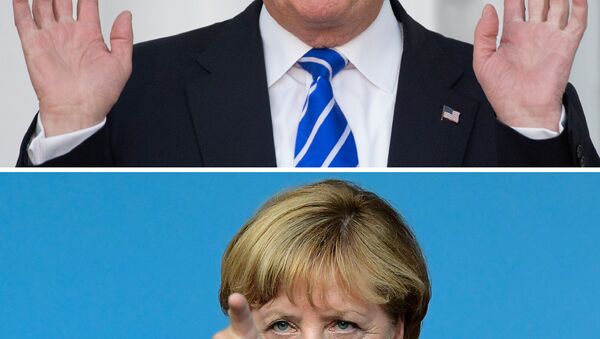 This combination of file photos created on January 16, 2017 shows US President-elect Donald Trump (top, November 19, 2016 in Bedminster, New Jersey) and German Chancellor Angela Merkel (September 14, 2016 in Berlin). - Sputnik Việt Nam