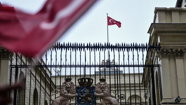 Tại Istanbul, người biểu tình treo cờ Thổ Nhĩ Kỳ tại Lãnh sự quán Hà Lan - Sputnik Việt Nam